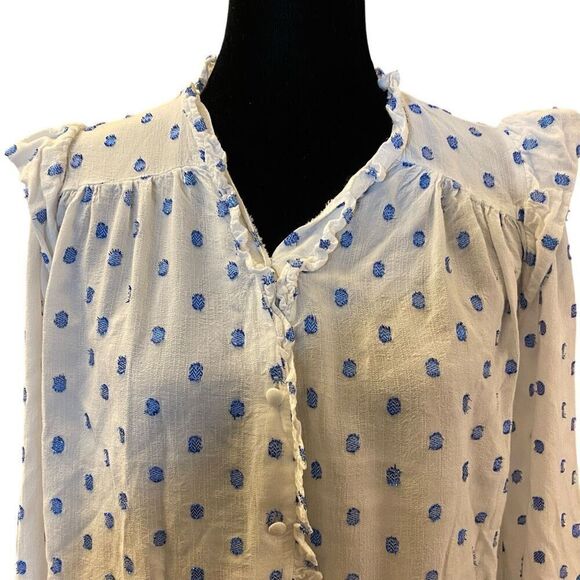 Zara White and Blue Metallic Polkadot Long Sleeve Button Down Top Sz M - Picture 2 of 13